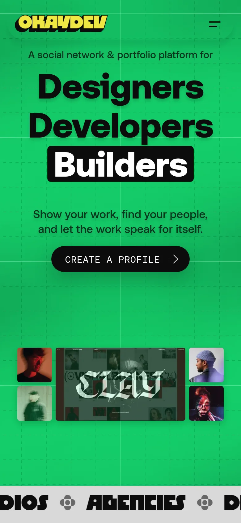 The mobile version presents a vertically stacked layout on a green grid background, focusing on the large central headline and the 'CREATE A PROFILE' button. The navigation is condensed into a hamburger menu icon at the top right, and the floating imagery is rearranged into a smaller, centered grid below the main text.
