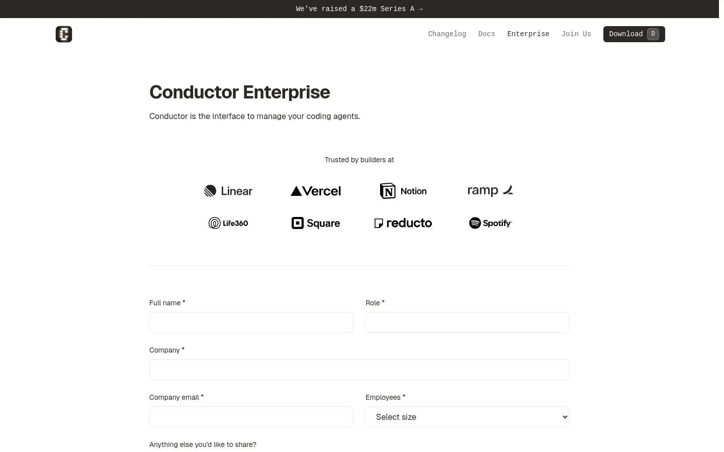 The Conductor Enterprise desktop page features a clean, white background with a minimalist layout. A large headline introduces the service, followed by a 'Trusted by builders at' section displaying logos for companies like Linear, Vercel, Notion, and Spotify. Below the logos, a contact form includes fields for Full name, Role, Company, Company email, and Employees.