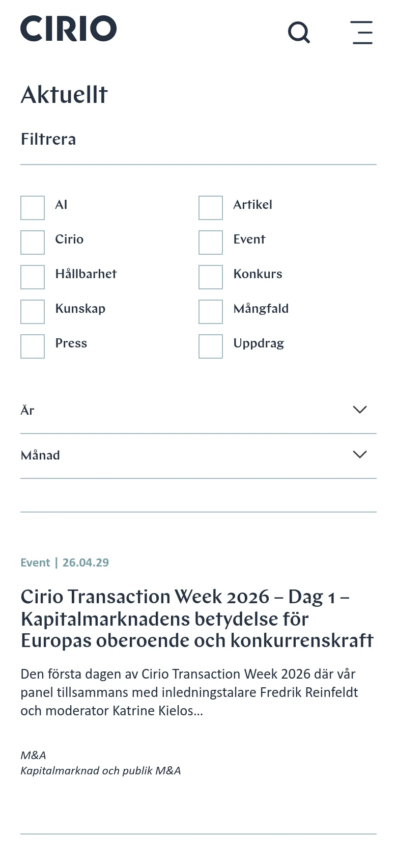 The mobile version simplifies the layout into a single-column view to fit narrow screens. The navigation menu and search icon are condensed at the top, and the filtering checkboxes and dropdowns are stacked vertically. The news feed follows a vertical list format, showing one article at a time with its category, date, headline, and summary.