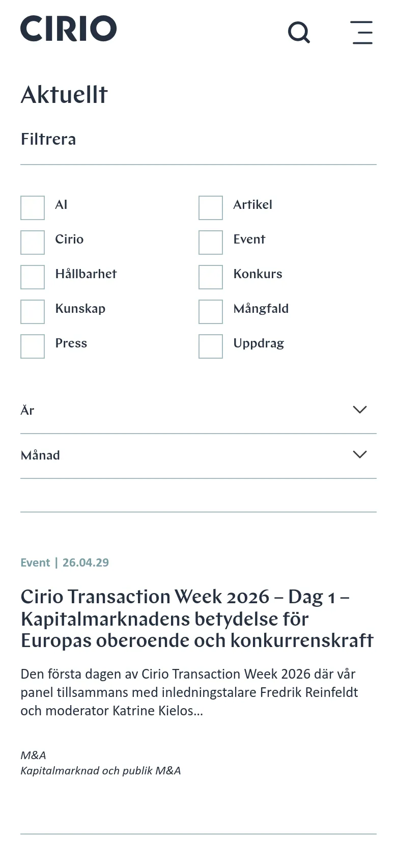 The mobile version simplifies the layout into a single-column view to fit narrow screens. The navigation menu and search icon are condensed at the top, and the filtering checkboxes and dropdowns are stacked vertically. The news feed follows a vertical list format, showing one article at a time with its category, date, headline, and summary.