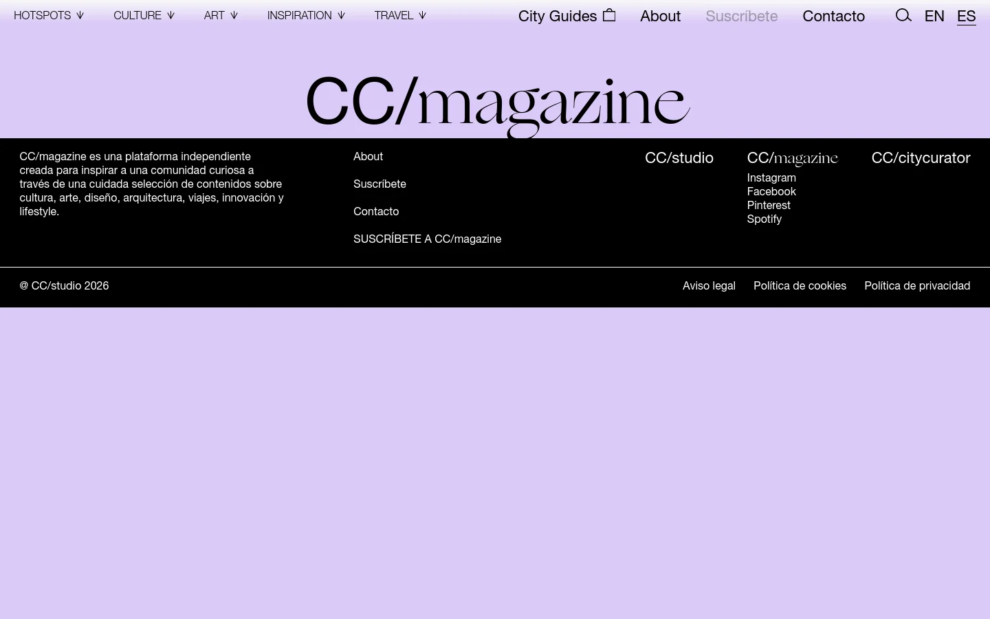 The desktop version features a minimalist design with a light lavender background and large black serif typography. A navigation menu at the top includes categories like Hotspots, Culture, and Art, while the main body contains a brief mission statement and links to About, Suscríbete, and Contacto.