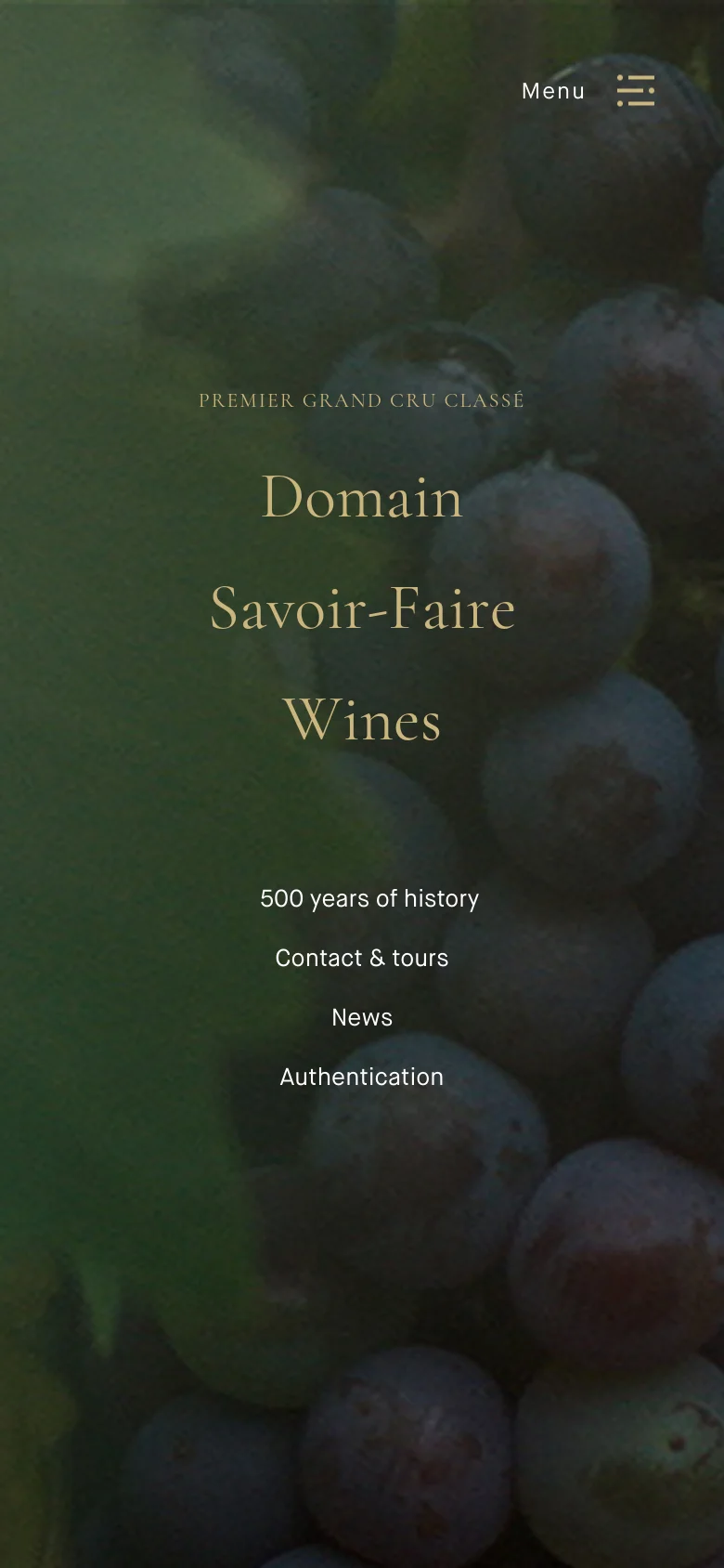 The mobile version uses the same grape background imagery but transitions to a single-column vertical layout. The text links for Domain, Savoir-Faire, and Wines are stacked vertically for easier scrolling, and the menu icon is more prominent at the top.