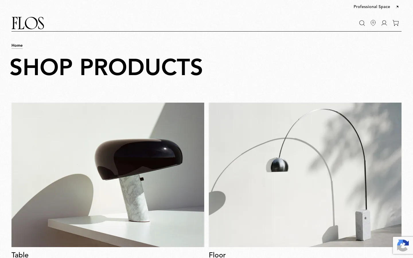 The desktop version of the Flos Shop Products page features a minimalist white background with a large 'SHOP PRODUCTS' headline. A grid of high-quality lifestyle images showcases different lighting categories including Table, Floor, Pendant, Ceiling, Wall, and Portable lamps. Each image serves as a visual link to its respective product category.