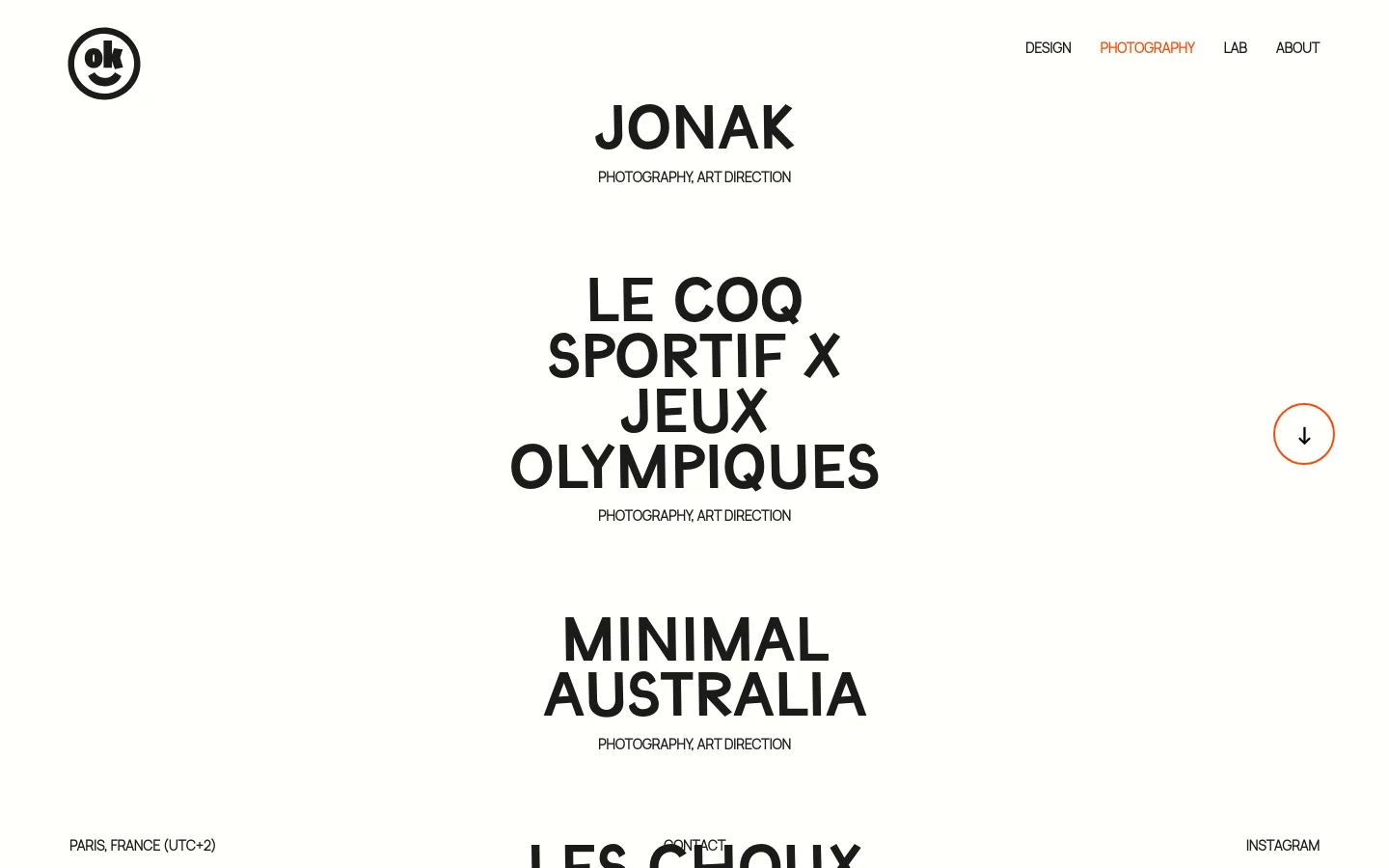 The photography portfolio page features a minimalist white layout with a black logo in the top left and a navigation menu on the top right. Large, bold black typography lists various projects like 'JONAK' and 'LE COQ SPORTIF' accompanied by smaller subtext indicating 'Photography, Art Direction'.