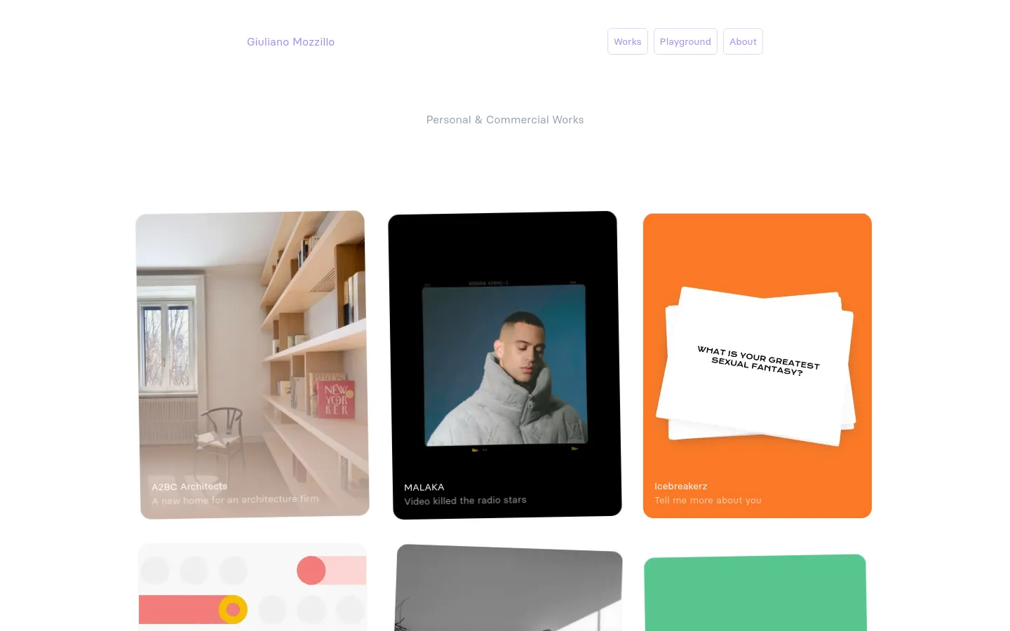 A portfolio page titled 'Personal & Commercial Works' featuring a grid of large, rounded-corner project cards. Each card contains a high-quality image, a project title, and a brief subtitle, such as 'A2BC Architects: A new home for an architecture firm'. The layout is clean with a white background and a minimalist navigation bar at the top.