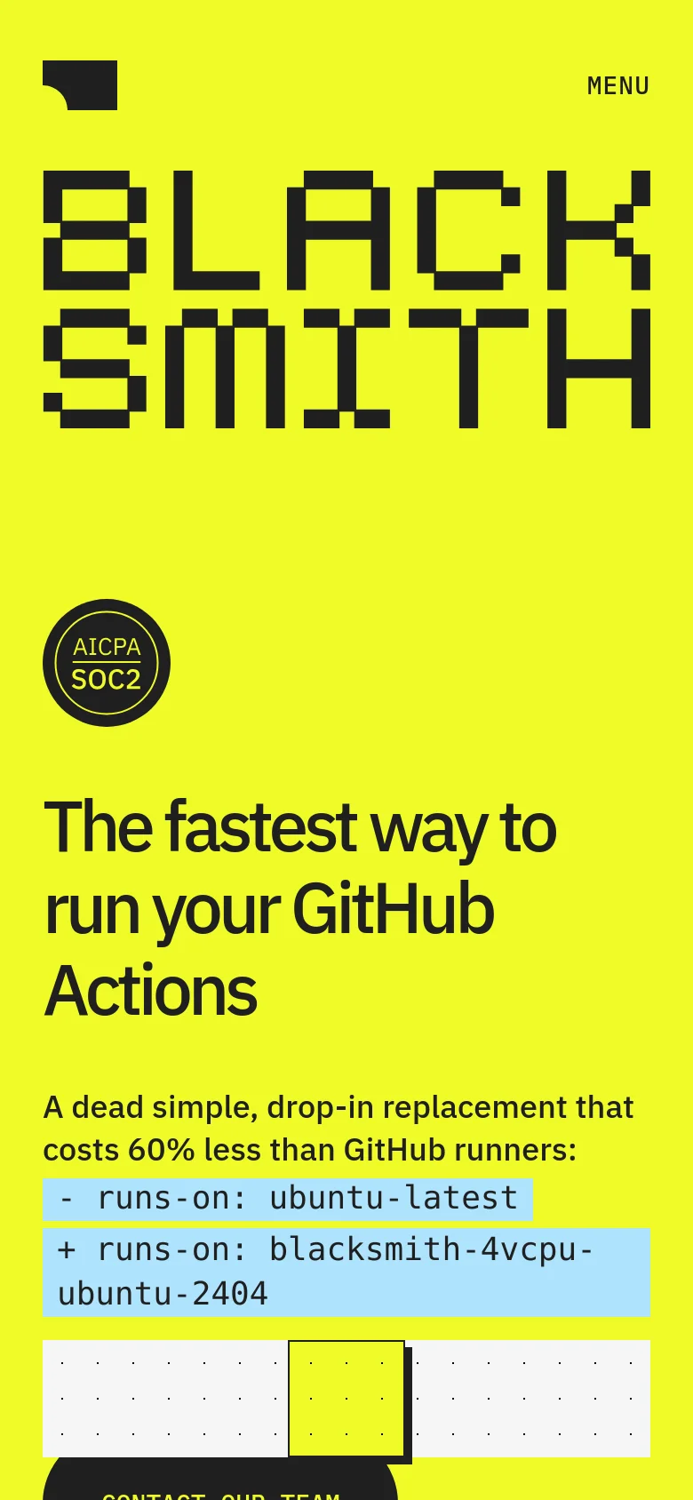 The mobile version maintains the high-contrast yellow and black color scheme but uses a simplified layout. The navigation is condensed into a 'MENU' button at the top right, and the large pixelated brand name is stacked vertically to fit the narrow screen width.