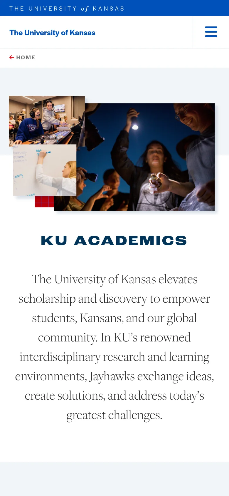 The mobile version presents a vertically stacked layout, starting with a hero image collage of students followed by the 'KU ACADEMICS' headline and introductory text. The blue sidebar from the desktop version is replaced by a top navigation bar with the university name and a hamburger menu icon. The content is centered and optimized for a narrow screen, focusing on readability of the text and statistics.