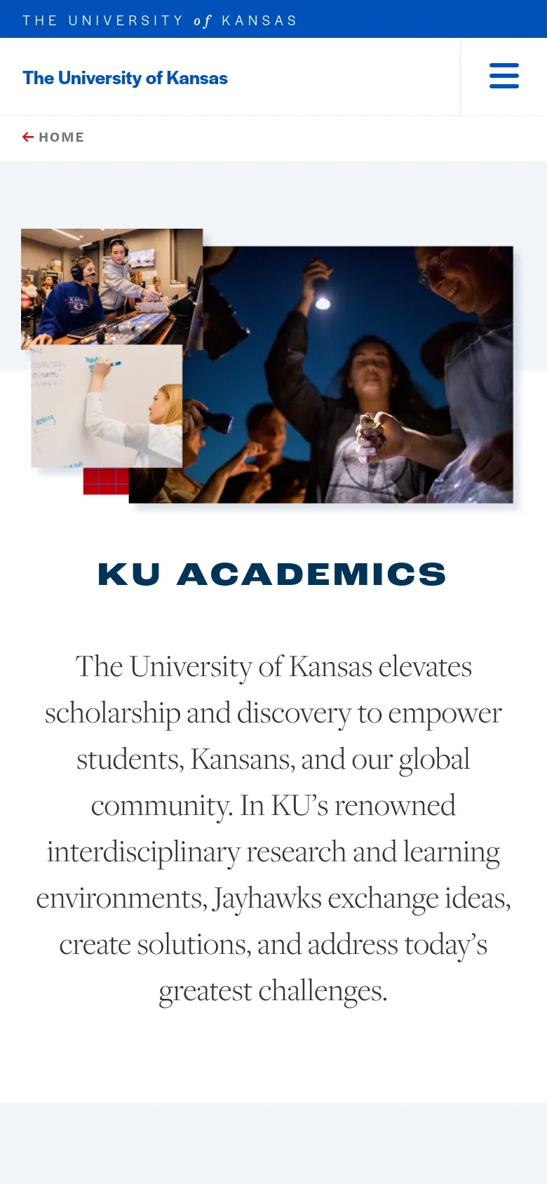 The mobile version presents a vertically stacked layout, starting with a hero image collage of students followed by the 'KU ACADEMICS' headline and introductory text. The blue sidebar from the desktop version is replaced by a top navigation bar with the university name and a hamburger menu icon. The content is centered and optimized for a narrow screen, focusing on readability of the text and statistics.