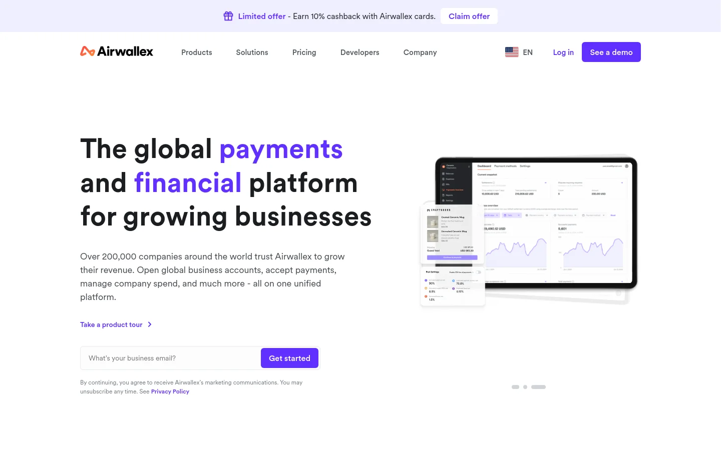 The Airwallex homepage features a clean, white layout with a large headline stating 'The global payments and financial platform for growing businesses' in black and purple text. To the right, a hero image displays a desktop interface showing financial dashboards and charts. A primary call to action includes a text input field for a business email followed by a purple 'Get started' button.