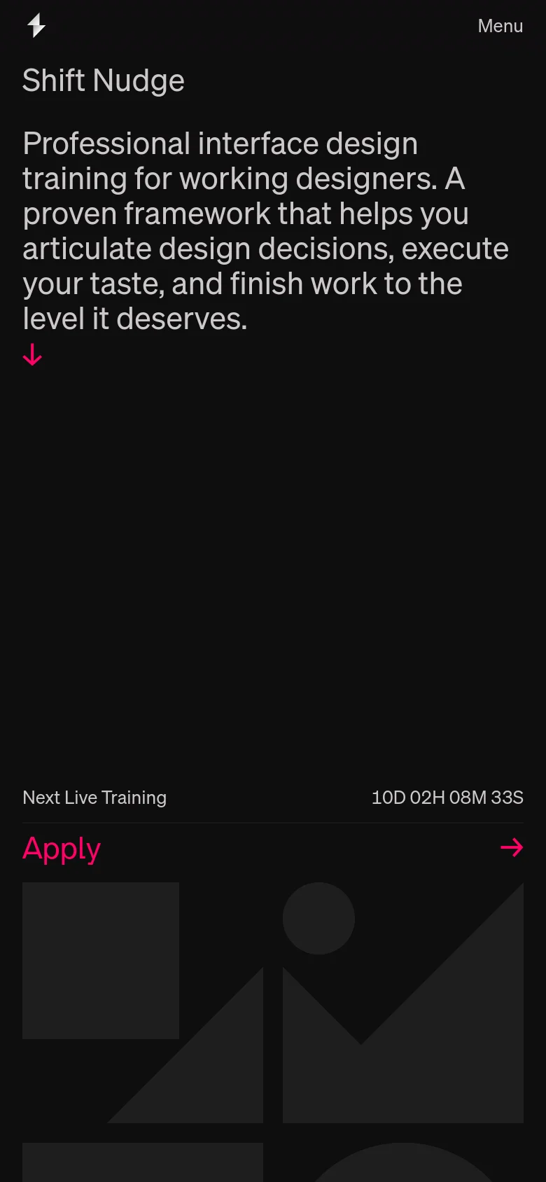The mobile version maintains the dark theme and minimalist layout but uses a vertical stack. The navigation is condensed into a 'Menu' button, and the hero text and 'Apply' button are scaled for a narrow screen, with the countdown timer positioned directly above the call to action.