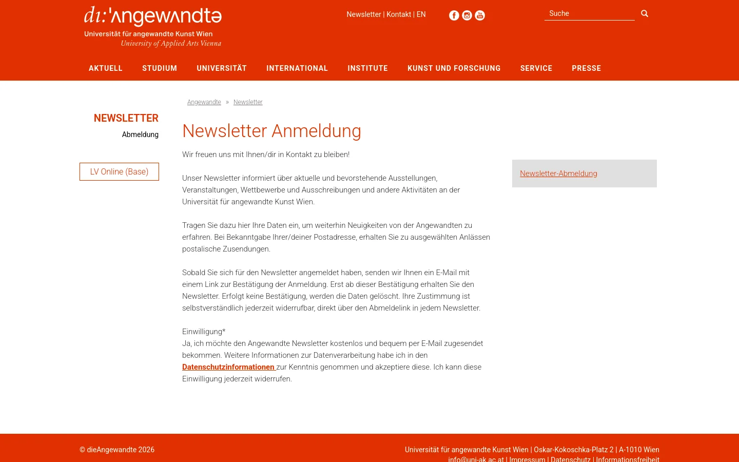 The desktop page features a white background with a prominent red header containing the university logo and navigation menu. The main content area displays the headline 'Newsletter Anmeldung' in red, followed by descriptive text and a subscription consent section. A sidebar on the left includes a 'Newsletter' heading and a button for 'LV Online (Base)', while a gray box on the right provides a link for newsletter unsubscription.
