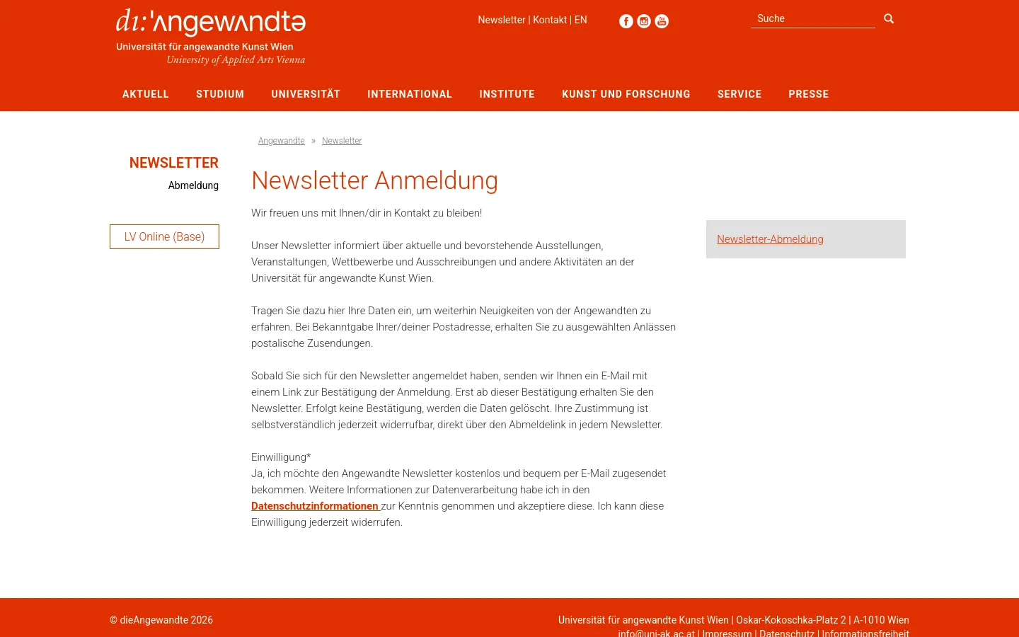 The desktop page features a white background with a prominent red header containing the university logo and navigation menu. The main content area displays the headline 'Newsletter Anmeldung' in red, followed by descriptive text and a subscription consent section. A sidebar on the left includes a 'Newsletter' heading and a button for 'LV Online (Base)', while a gray box on the right provides a link for newsletter unsubscription.