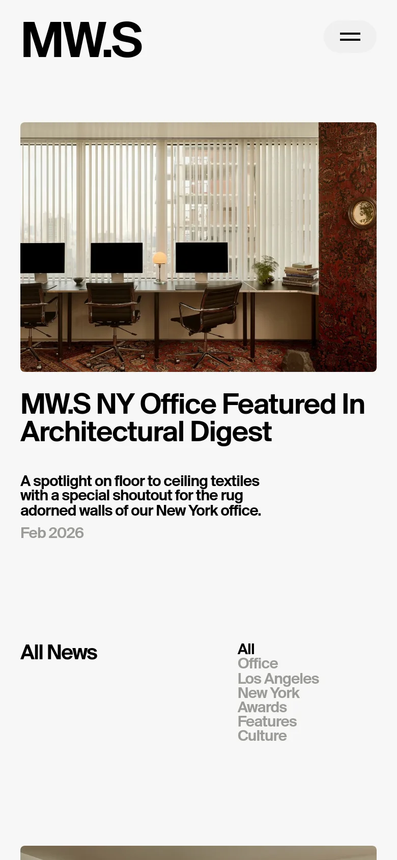 MOUTHWASH Studio news page on mobile with a stacked layout. The hero headline and office imagery are vertically arranged above a simplified text-based filter menu and news feed for easy scrolling.