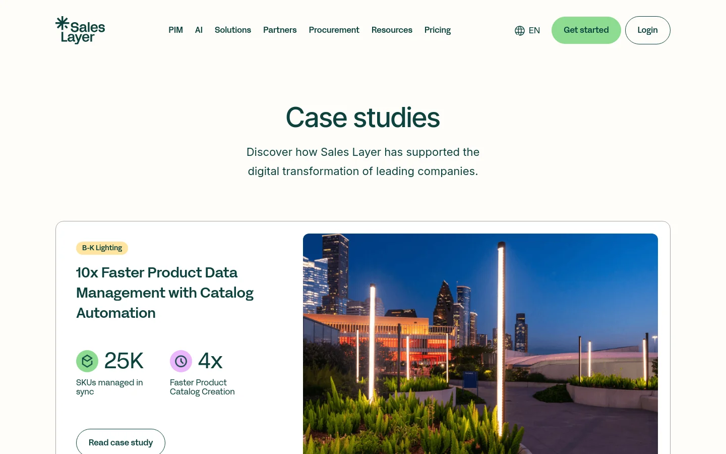 The Case Studies page features a clean, white background with a centered headline and subheadline. Below the text, a large card displays a case study for B-K Lighting, including a cityscape photo at dusk, key metrics like '25K SKUs' and '4x Faster Catalog Creation', and a 'Read case study' button. The navigation bar at the top includes the Sales Layer logo, menu links, a language selector, and 'Get started' and 'Login' buttons.