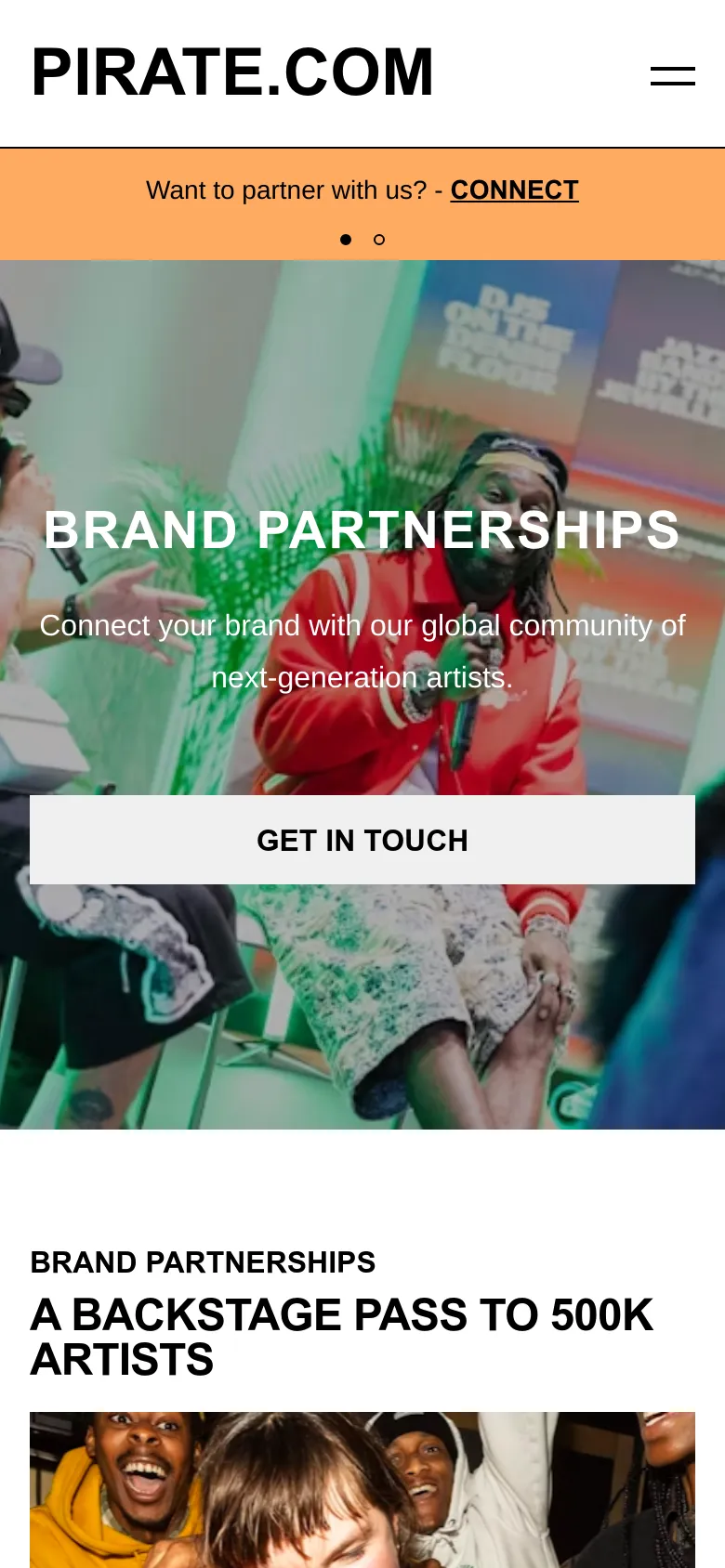 The mobile version presents a vertically stacked layout, starting with a large hero image of artists under green lighting and a prominent 'GET IN TOUCH' call to action. The navigation is condensed into a hamburger menu, and the text content, including the 'A BACKSTAGE PASS TO 500K ARTISTS' section, is scaled for easy scrolling on a narrow screen.