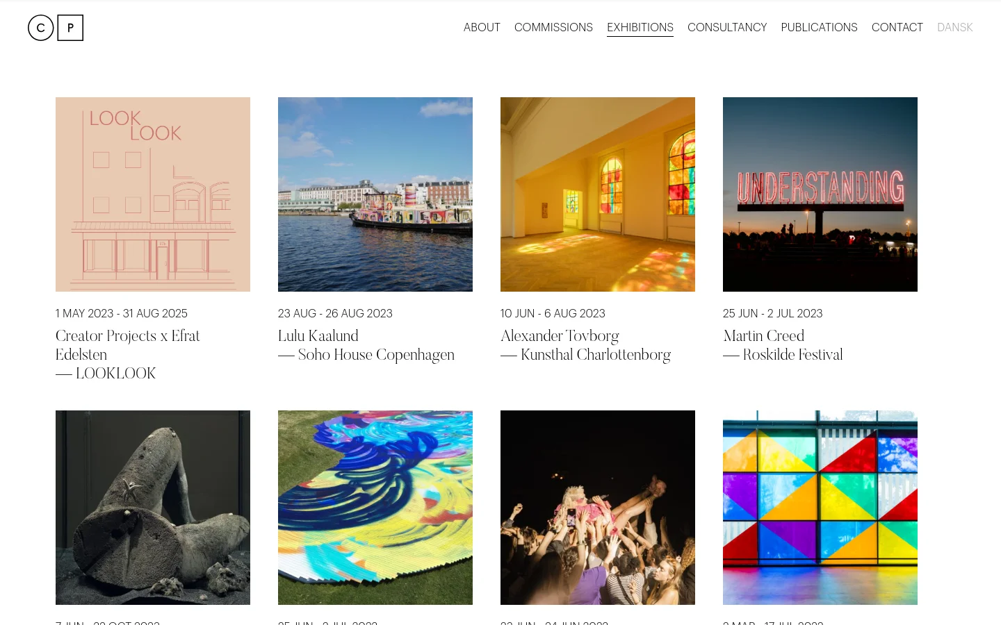 The Exhibitions page features a minimalist white layout with a top navigation menu including links like About, Commissions, and Exhibitions. A grid of large, rectangular image tiles showcases various art projects, each paired with a date range and a title such as 'Creator Projects x Efrat Edelsten — LOOKLOOK' below the image. The design is clean and spacious, using high-quality photography to highlight different exhibition spaces and installations.