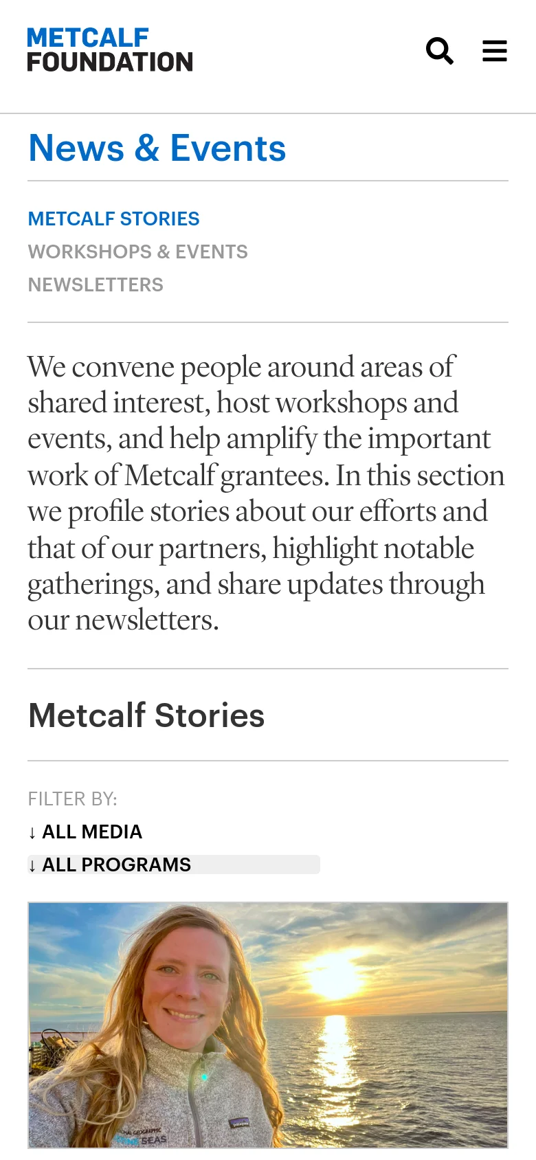 The mobile version simplifies the layout into a single column. The top navigation is condensed into a hamburger menu and search icon. The sub-navigation links and story cards are stacked vertically for easier scrolling on a narrow screen.
