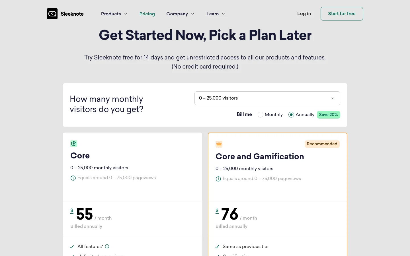 The desktop pricing page features a clean, light gray background with a centered headline 'Get Started Now, Pick a Plan Later.' Below the headline, a white interactive card allows users to select their monthly visitor count and toggle between monthly or annual billing. Pricing cards for 'Core' and 'Core and Gamification' plans are displayed side-by-side in a grid layout, showing prices, features, and call-to-action buttons.