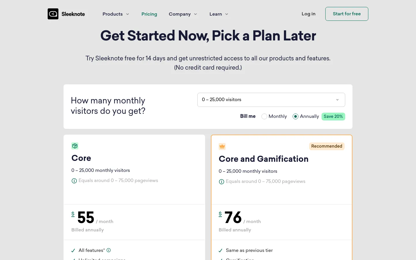 The desktop pricing page features a clean, light gray background with a centered headline 'Get Started Now, Pick a Plan Later.' Below the headline, a white interactive card allows users to select their monthly visitor count and toggle between monthly or annual billing. Pricing cards for 'Core' and 'Core and Gamification' plans are displayed side-by-side in a grid layout, showing prices, features, and call-to-action buttons.