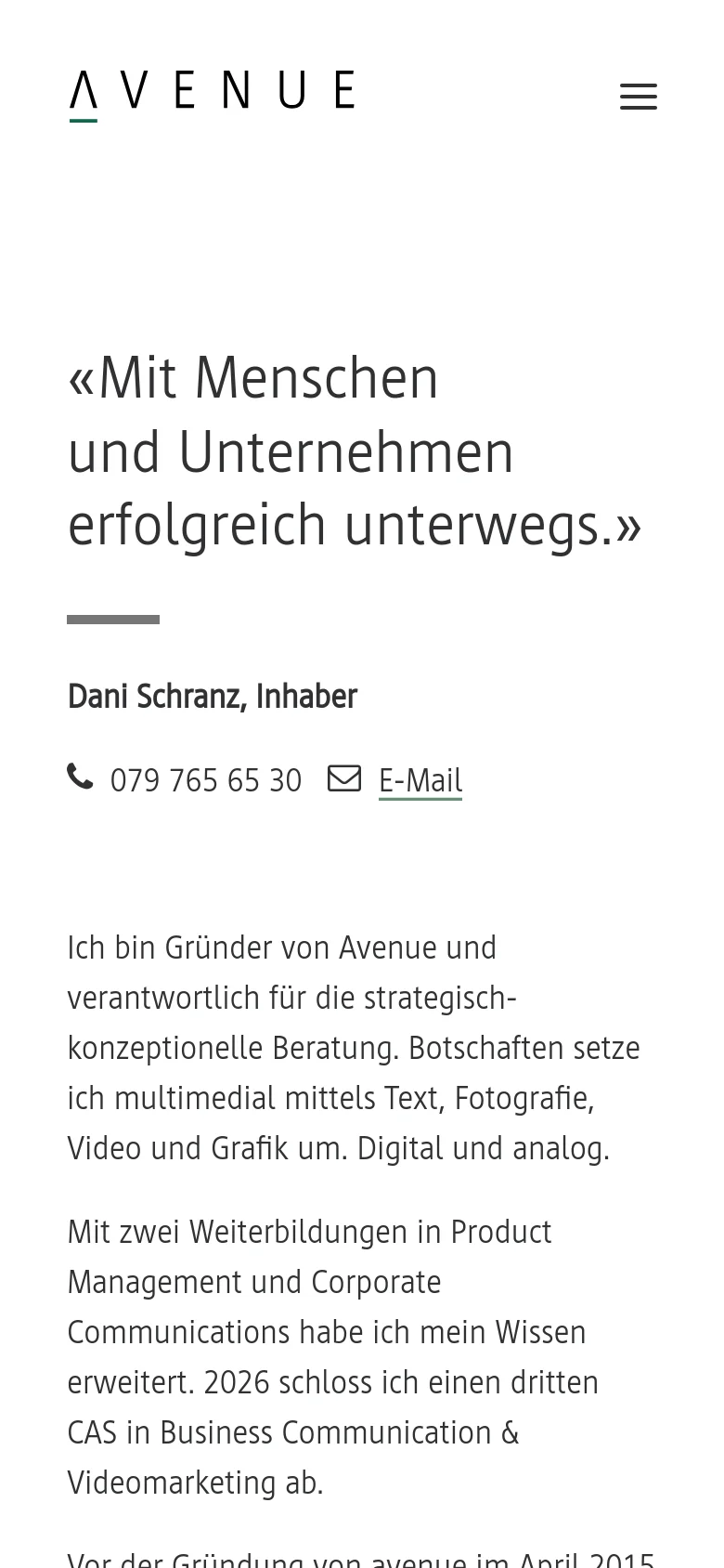 The mobile version uses a single-column vertical layout on a white background. The large green headline appears at the top, followed by Dani Schranz's name, contact links with icons, and his biographical text.