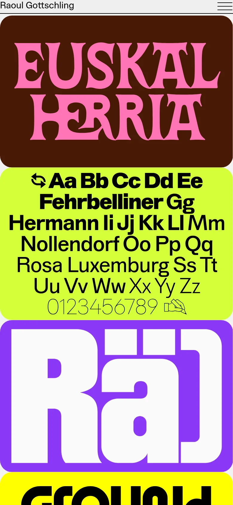 The mobile version simplifies the layout into a single-column vertical stack of large, colorful typeface specimen tiles. The navigation is condensed into a hamburger menu at the top right, and the tiles occupy the full width of the screen for easier scrolling.