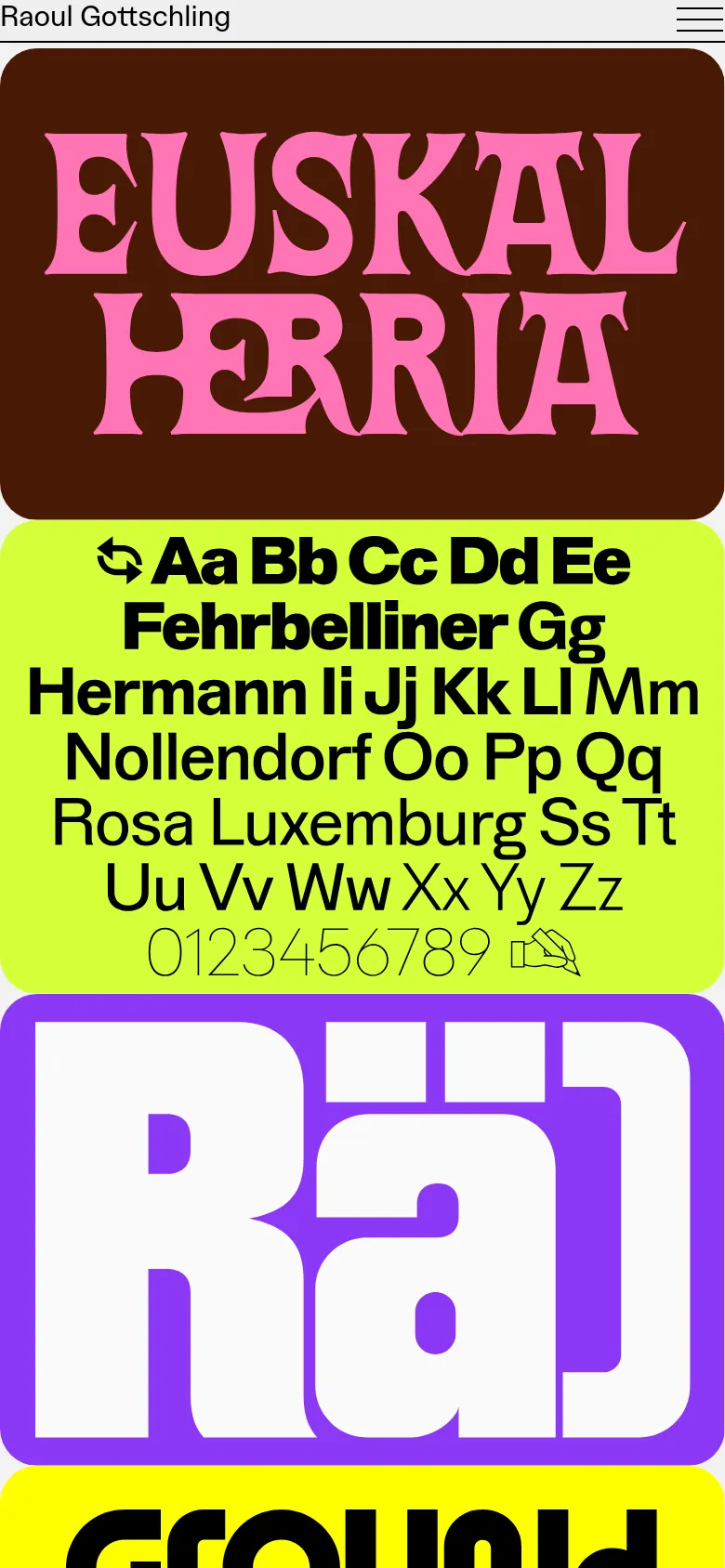 The mobile version simplifies the layout into a single-column vertical stack of large, colorful typeface specimen tiles. The navigation is condensed into a hamburger menu at the top right, and the tiles occupy the full width of the screen for easier scrolling.