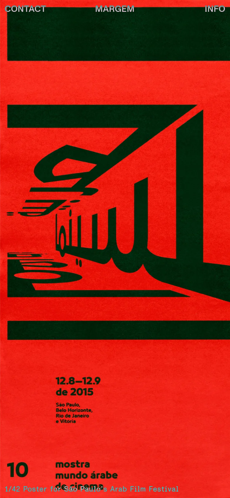 The mobile version presents a simplified, single-column layout dominated by the large red and dark green poster. The navigation links CONTACT, MARGEM, and INFO are positioned at the top of the screen above the main graphic. The design focuses on the high-contrast visual of the poster, which fills most of the viewport.
