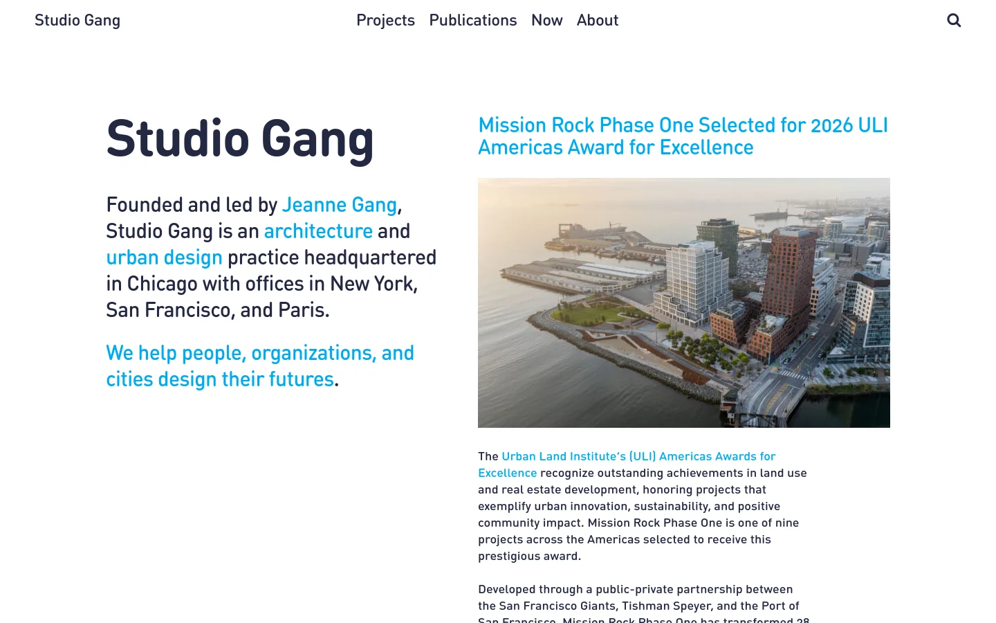 The desktop homepage features a minimalist white layout with a top navigation bar containing links for Projects, Publications, Now, and About. A large headline reads 'Studio Gang' next to introductory text, while the right side displays a large hero image of a modern waterfront urban development and a news headline about the Mission Rock Phase One award.