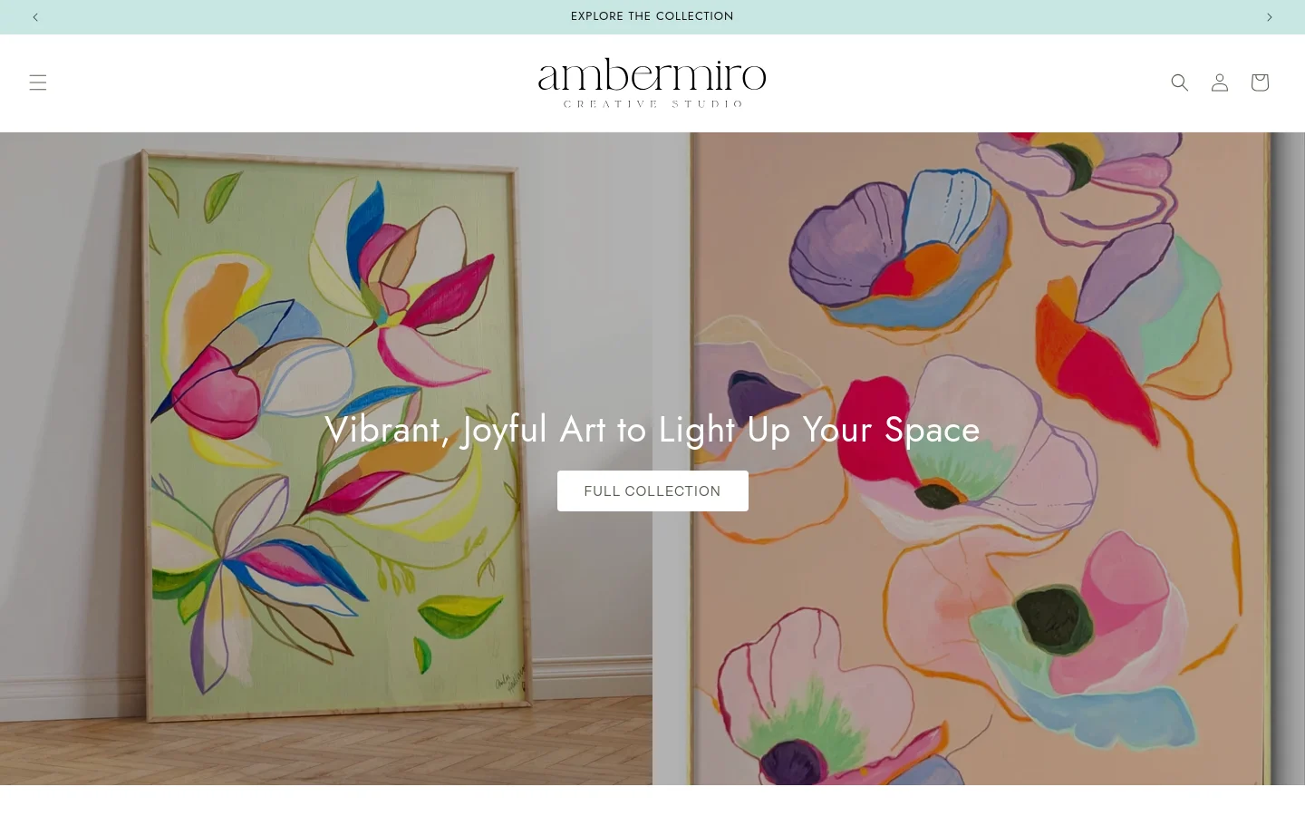 The desktop homepage features a large hero section with two side-by-side vibrant floral art images and a centered headline reading 'Vibrant, Joyful Art to Light Up Your Space' with a 'FULL COLLECTION' button. Below, a 'Canvas Collection' section displays a grid of colorful framed canvas art pieces with titles and prices. The layout is clean with a white header containing the brand logo, search, account, and cart icons.