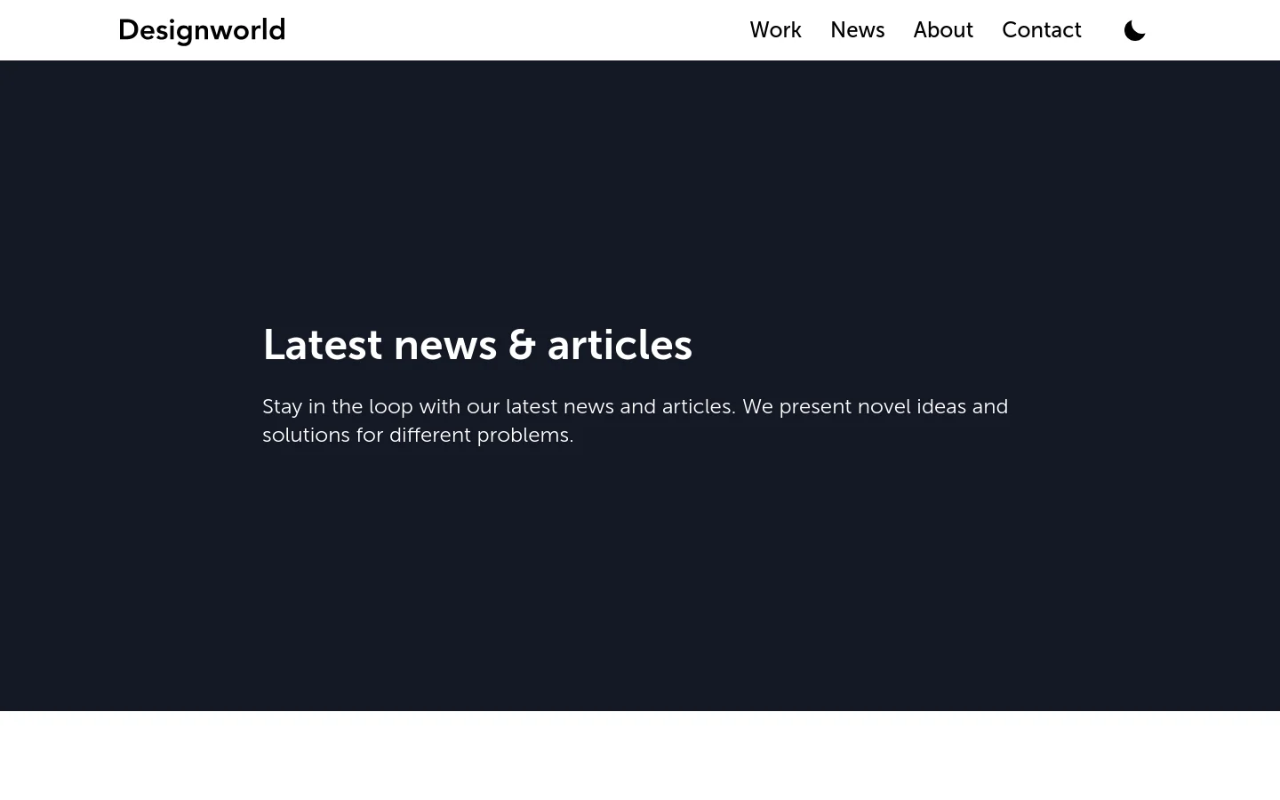 The desktop news page features a dark navy hero section with the headline 'Latest news & articles' and a brief introductory paragraph. Below the hero, a grid of article cards displays colorful featured images above bold headlines, such as '5 benefits with React Native' and 'What is JAMstack'. The navigation bar at the top is white with black text for links like Work, News, About, and Contact.