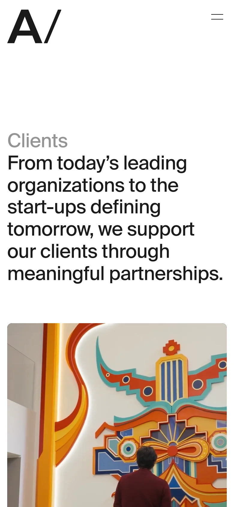 The mobile version displays a stacked layout with the 'Clients' headline and sub-headline at the top. The navigation is condensed into a hamburger menu icon, and the hero image is scaled to fit the narrower screen width.