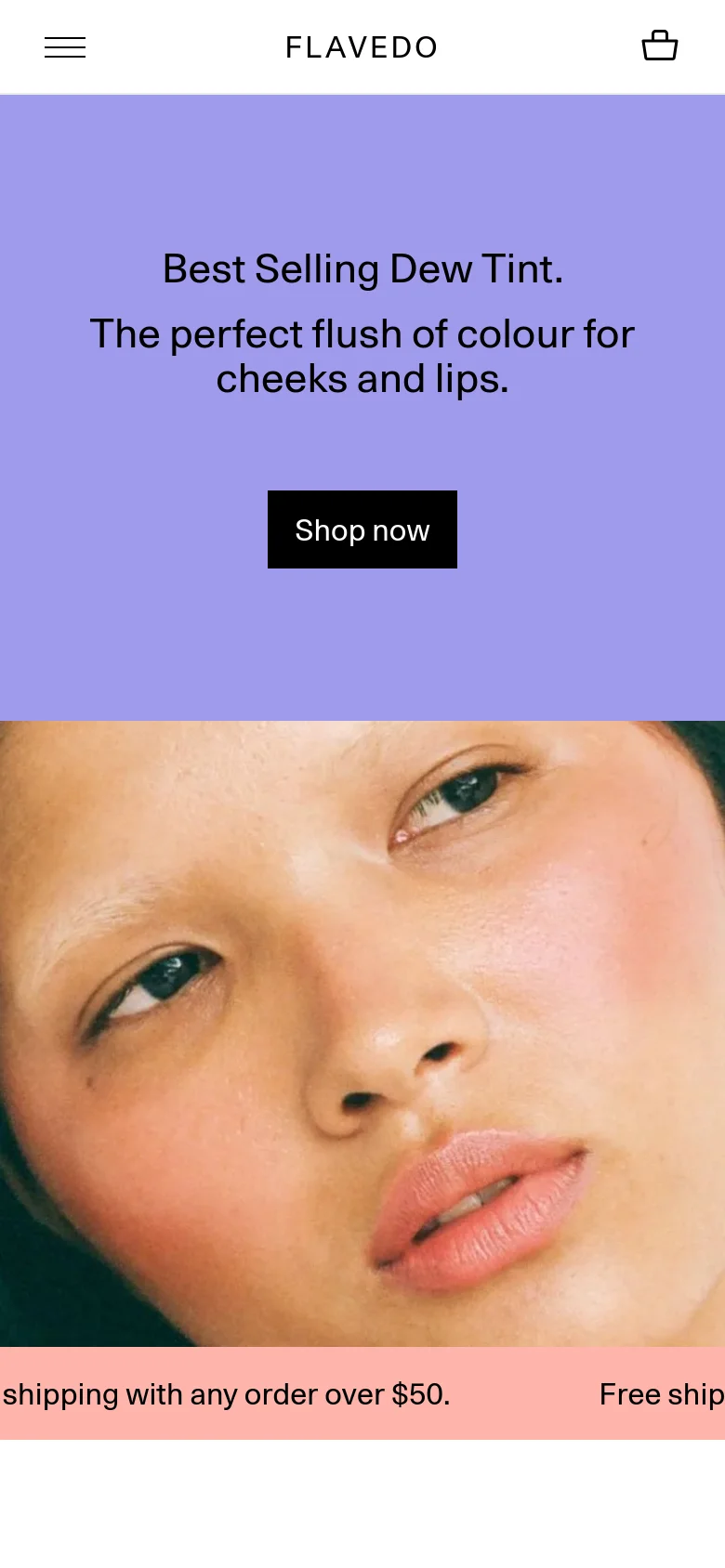 The mobile version presents a stacked layout starting with a lavender hero section containing the 'Best Selling Dew Tint' headline and 'Shop now' button. Below this, a large close-up portrait of the model fills the width of the screen, followed by a peach-colored announcement bar for free shipping. The navigation is condensed into a hamburger menu icon and a shopping bag icon in a white header.