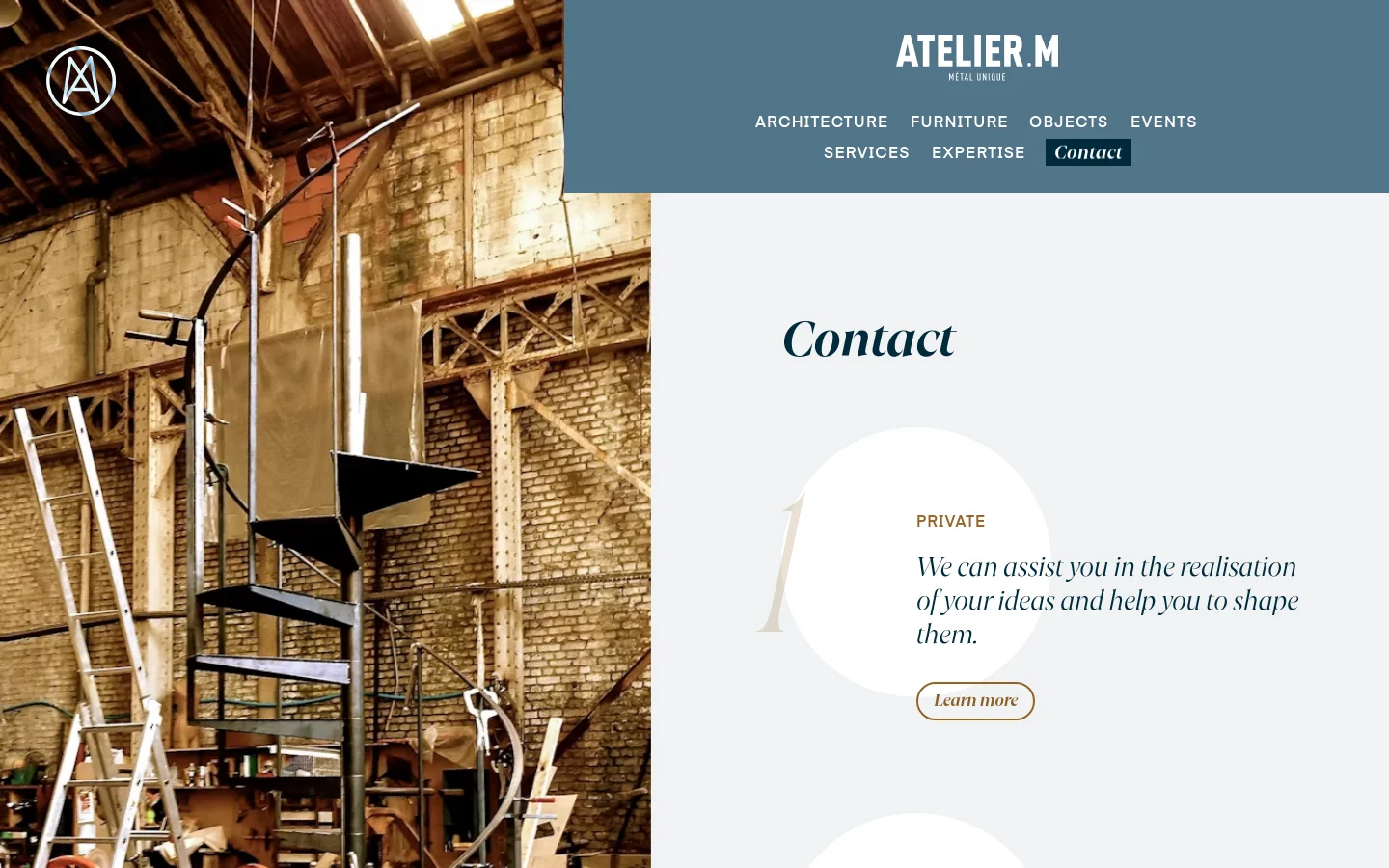 The desktop page features a split-screen hero section with a large photo of a metal spiral staircase in a workshop on the left and a dark blue navigation header on the right. Below, the 'Contact' page uses a minimalist light gray layout with large serif typography, featuring sections for 'Private' and 'Architects, Decorators' clients, accented by large, elegant numbers and high-quality images of brass and metalwork.
