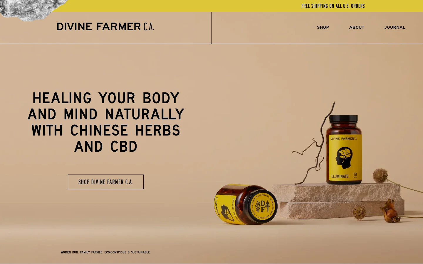 The desktop homepage features a minimalist design with a tan background and a top banner announcing free shipping. The hero section displays the headline 'HEALING YOUR BODY AND MIND NATURALLY WITH CHINESE HERBS AND CBD' next to a product shot of Illuminate CBD bottles resting on stone pedestals, with a prominent 'SHOP DIVINE FARMER C.A.' call-to-action button.