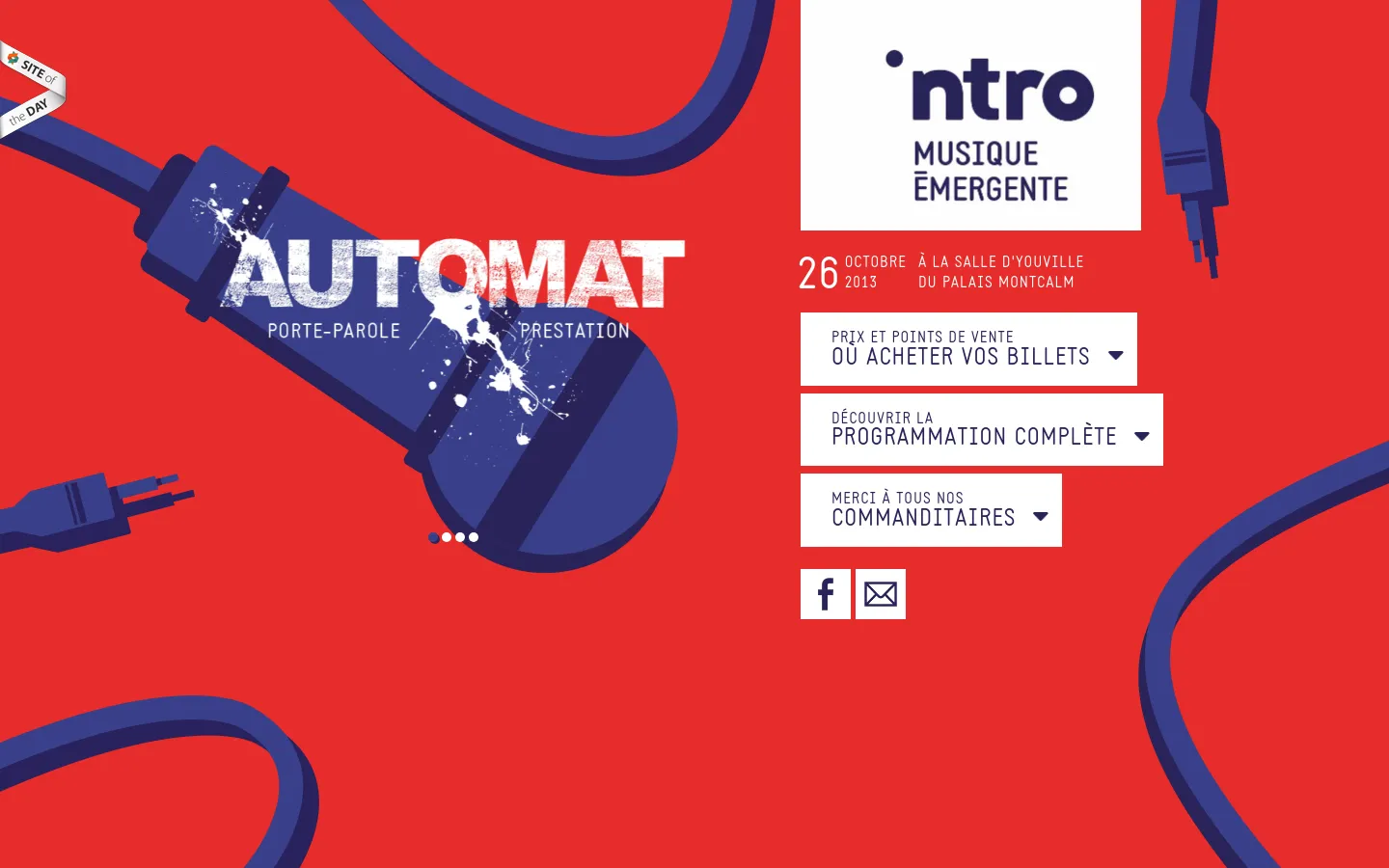 The desktop landing page features a vibrant red background with large blue microphone and cable illustrations. A white box in the upper right contains the logo 'intro musique émergente', event dates, and three dropdown navigation menus for ticket prices, programming, and sponsors. The word 'AUTOMAT' is displayed in large white letters across a central microphone graphic.