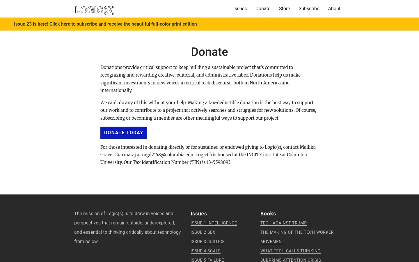 The desktop Donate page features a clean, minimalist layout with a white background and black text. A large 'Donate' headline is centered above several paragraphs of text, followed by a prominent blue 'DONATE TODAY' button. A yellow announcement banner spans the top of the page, and a dark footer contains site navigation links.