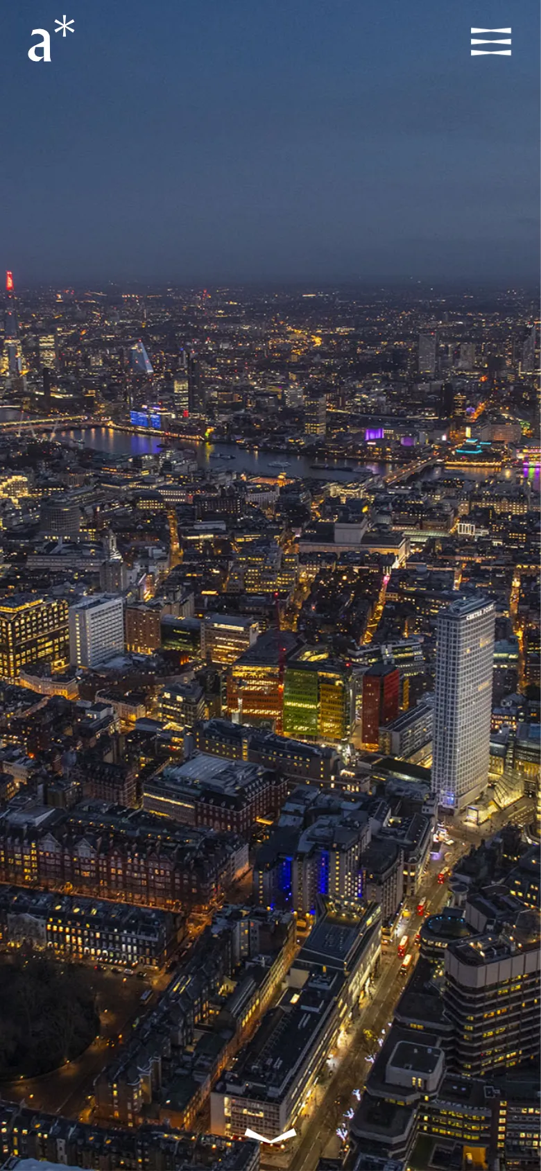 The mobile version maintains the dark, nocturnal London cityscape hero image but crops it to a vertical orientation. The navigation elements, including the logo and hamburger menu, are scaled for touch interaction at the top of the screen, emphasizing a full-screen immersive visual experience.