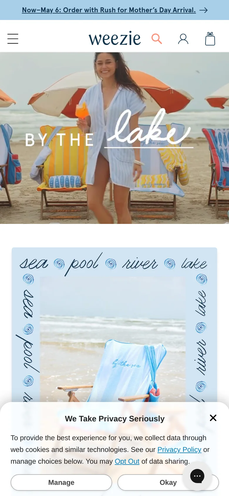 The mobile version presents a vertically stacked layout optimized for scrolling, starting with a hamburger menu and the Weezie logo. The hero image of the woman on the beach is scaled down to fit the narrow screen, and the promotional banners and text sections follow in a single-column format. A prominent privacy consent pop-up appears at the bottom of the screen.