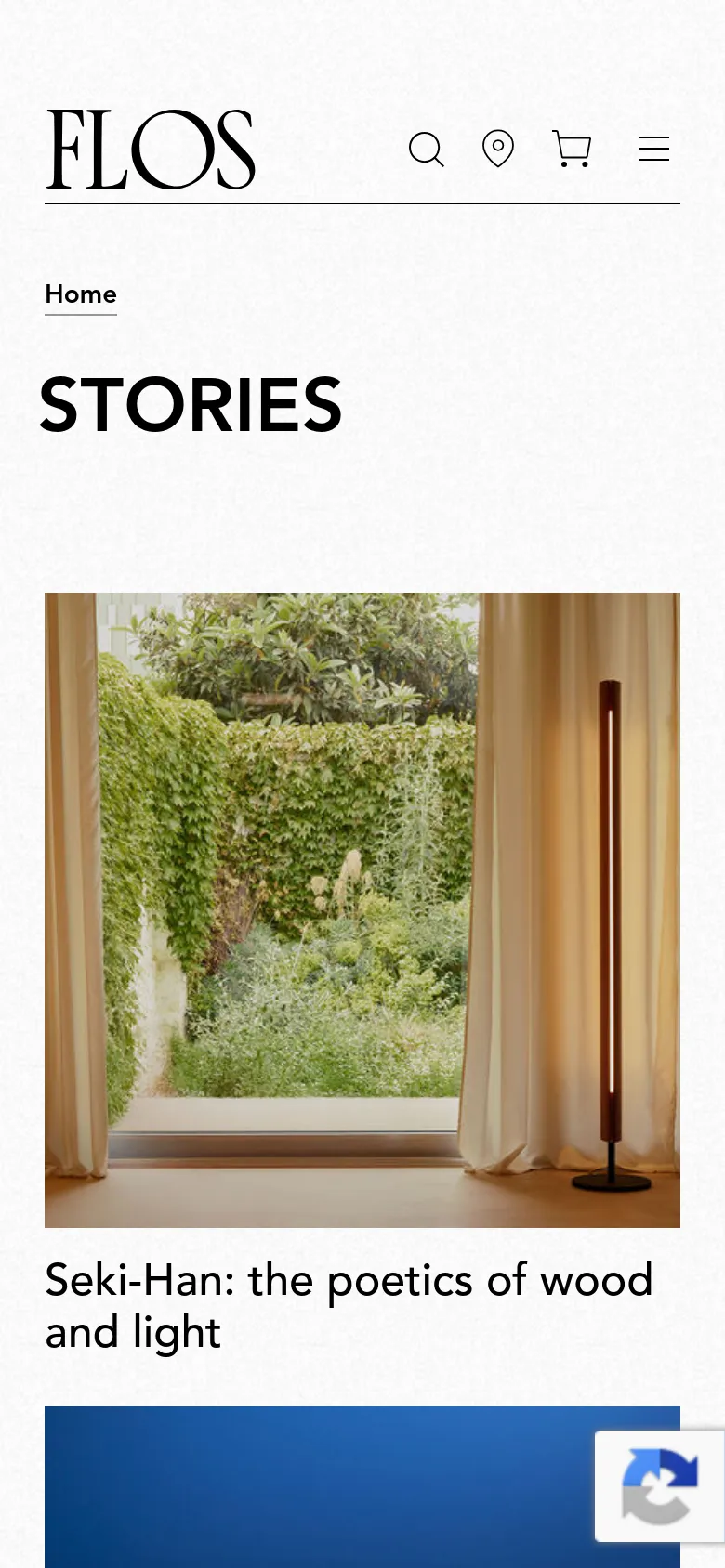 The mobile version presents a single-column vertical layout optimized for scrolling. The 'STORIES' headline is prominent, followed by large, full-width editorial images and titles that stack vertically, including the Seki-Han wood and light story.