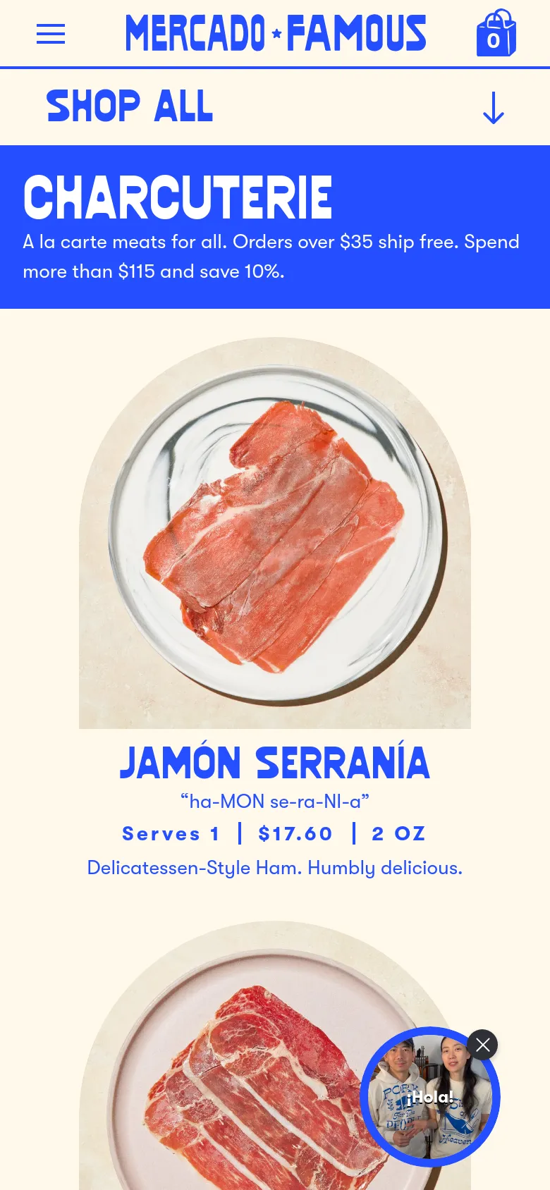 The mobile version presents a simplified vertical layout with a large blue header containing the 'SHOP ALL' title and a downward arrow. The product grid transitions to a single-column view, showing large, centered images of meat products followed by their names, phonetic pronunciations, and prices. The side navigation is removed to prioritize the product feed.