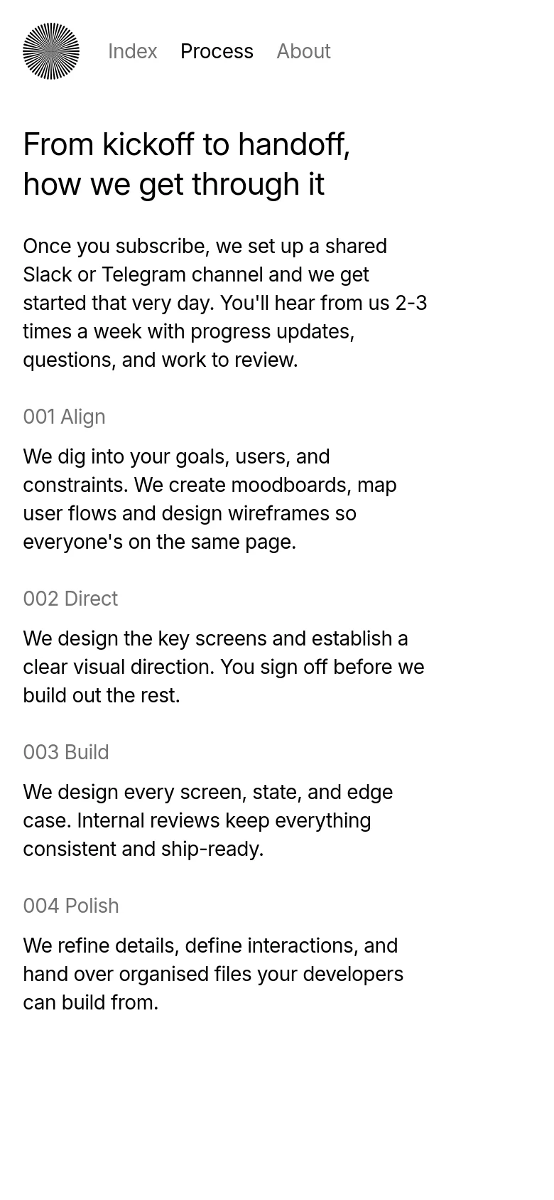 The mobile version maintains the minimalist white and black aesthetic and single-column layout of the desktop site. The text is scaled for readability on a smaller screen, with the navigation links and process steps stacked vertically to fit the narrow viewport.