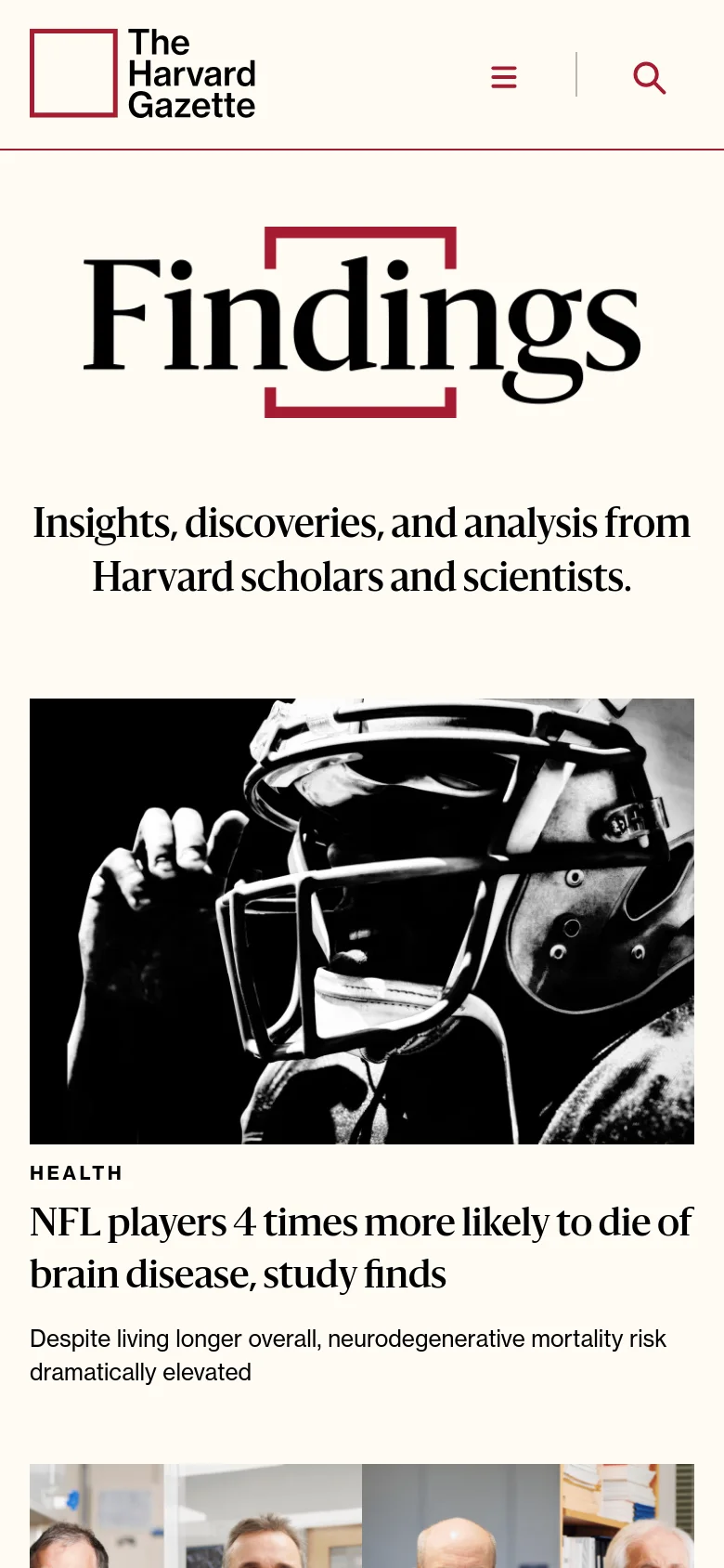 The mobile version presents a single-column vertical layout of the Findings archive. The header is condensed with a hamburger menu and search icon, and the article content, including the large hero image of an NFL player, stacks vertically for easier scrolling.