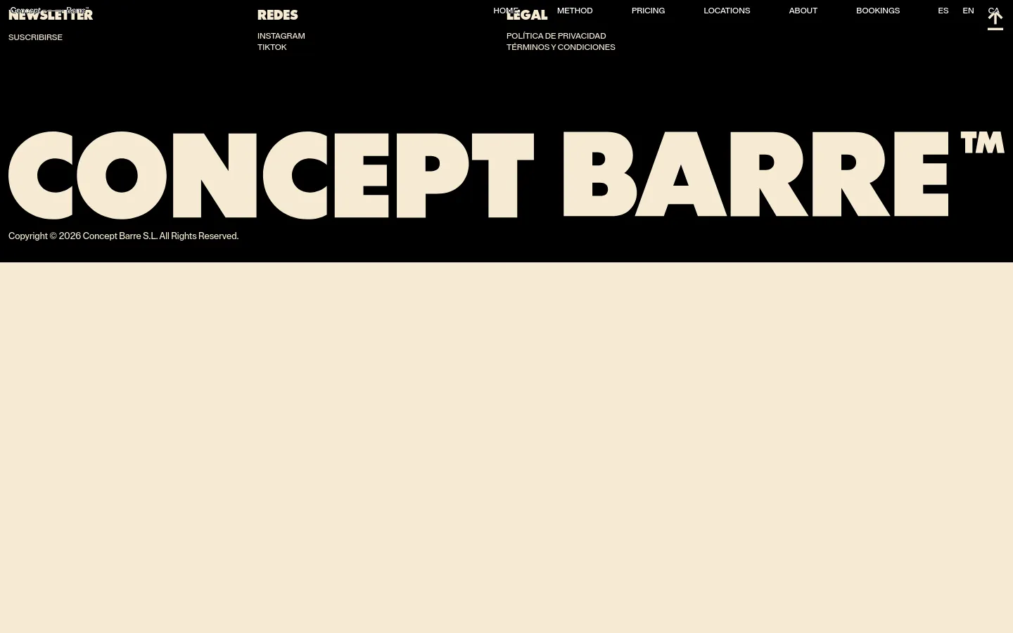 Concept Barre locations page footer featuring a minimalist black and cream color palette. Large bold sans-serif typography displays the brand name alongside navigation links for Method, Pricing, and Locations, plus social media links for Instagram and TikTok.