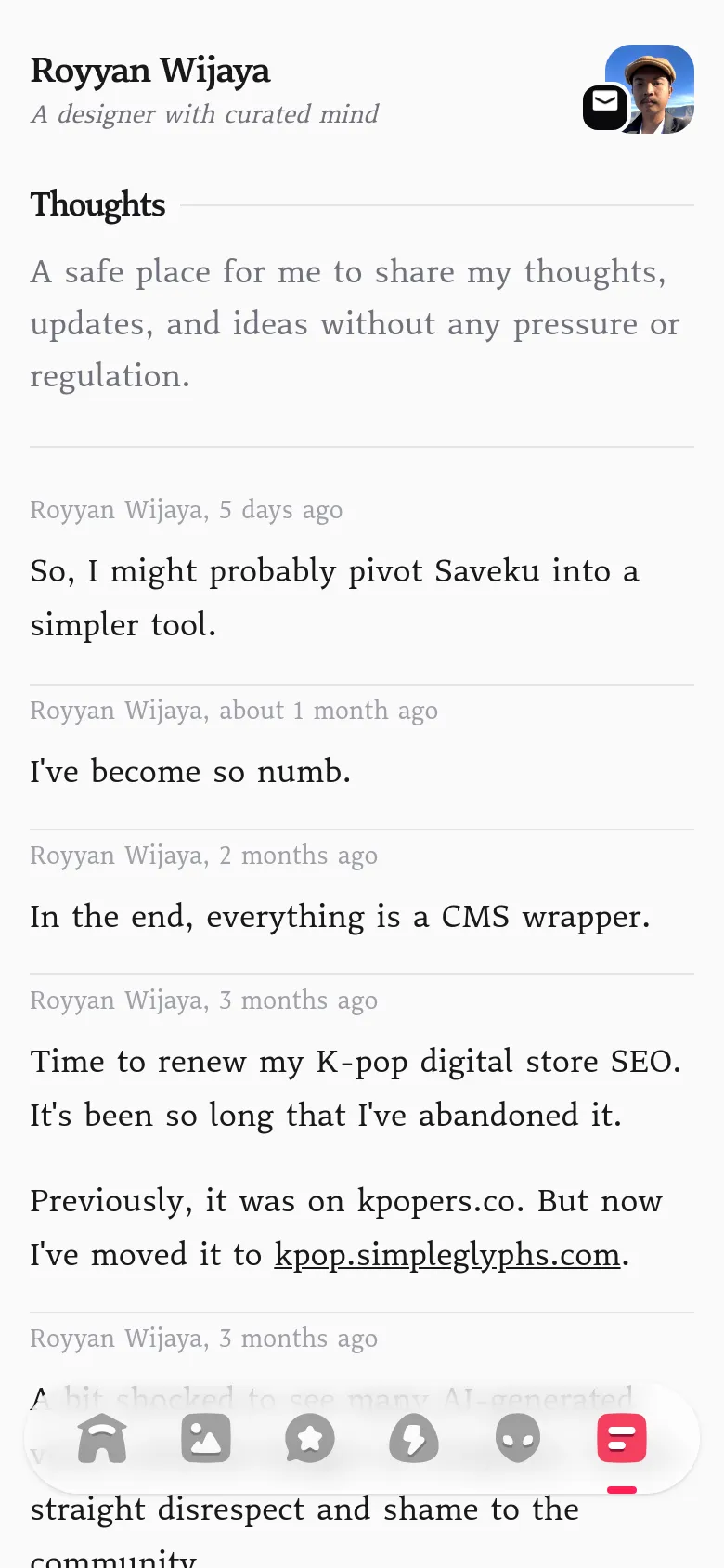 Mobile version of the 'Thoughts' page with a similar minimalist design and vertical layout. The header is centered with the profile image and email icon positioned to the right. A floating navigation bar with several icons is anchored at the bottom of the screen for easy access.