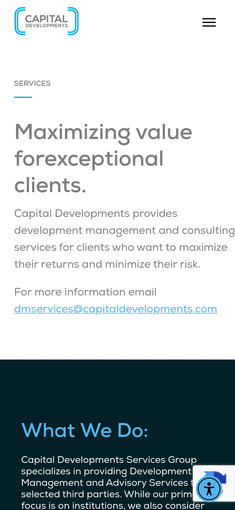 The mobile version simplifies the layout into a single-column vertical stack. The navigation menu is collapsed into a hamburger icon, and the large hero text is centered, followed by the description and contact email, with service details appearing in a continuous vertical list below.