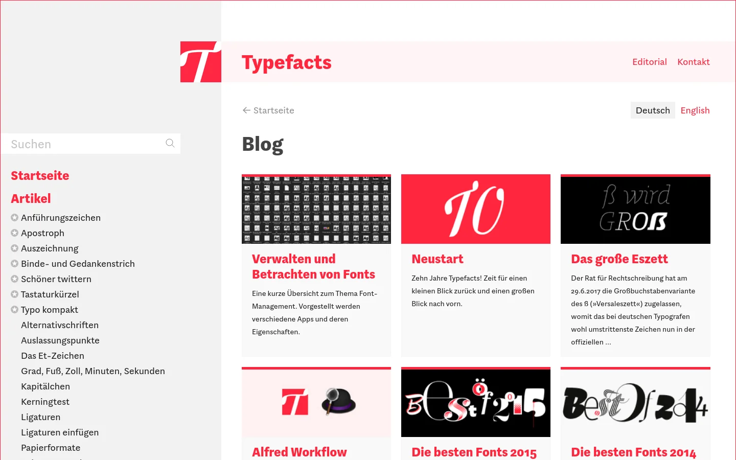 The desktop blog page features a white background with a red Typefacts logo in the top left. A sidebar on the left contains a search bar and a list of article categories, while the main content area displays a grid of blog posts, each consisting of a rectangular image, a red headline, and a short text summary.