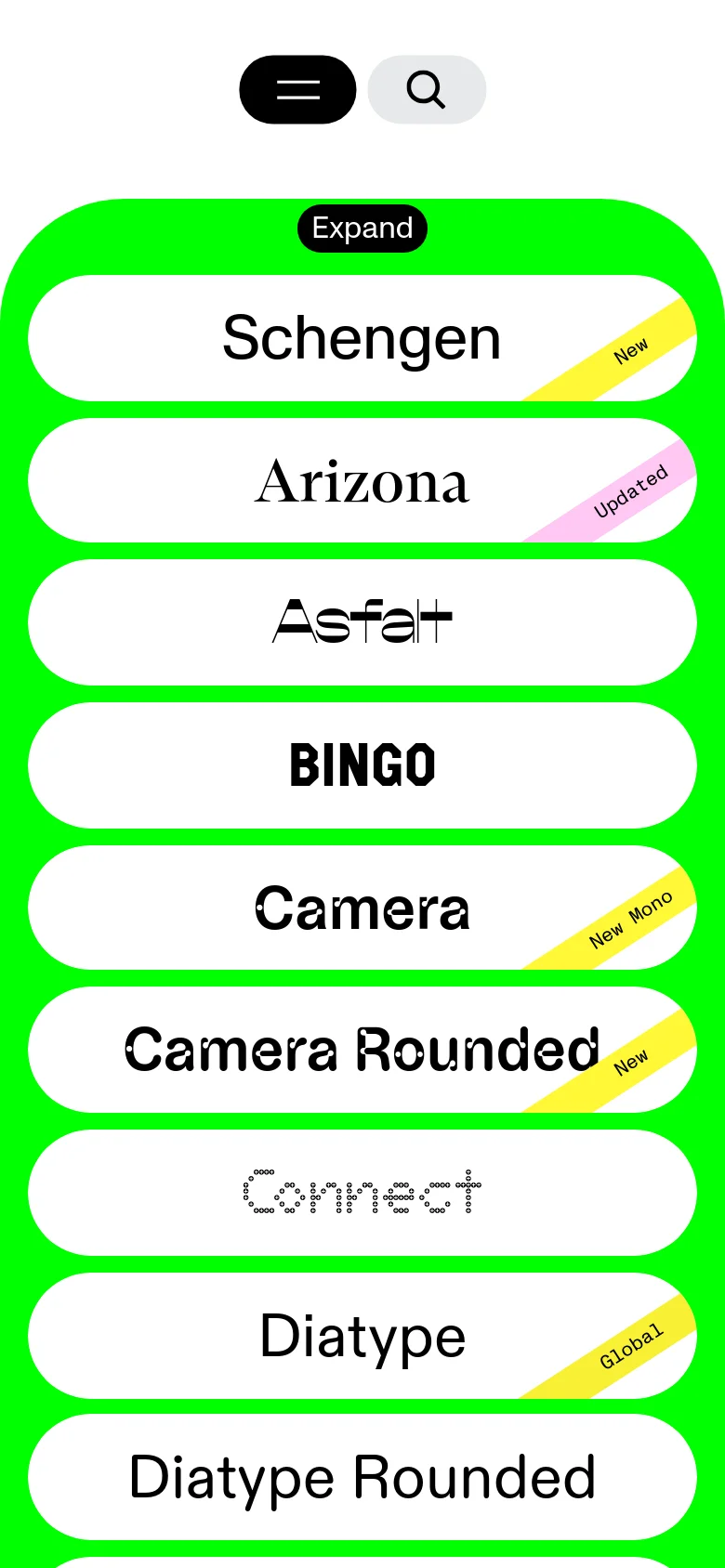 Dinamo Typefaces mobile catalogue page showing a vertically stacked list of typeface cards. The neon green background hosts large, single-column white pill buttons for fonts like Schengen and Camera, each featuring prominent black typography and small status labels like New or Updated.