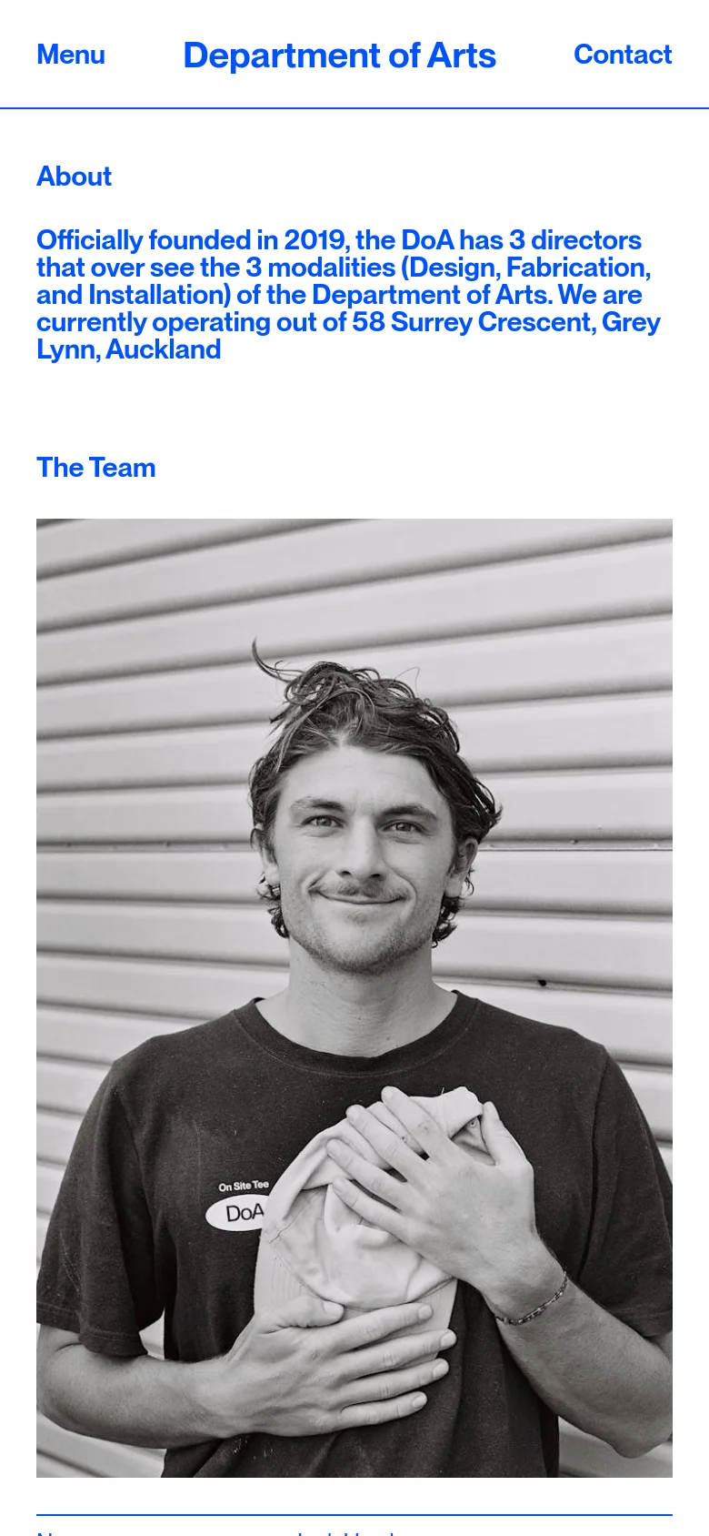 The mobile version simplifies the layout into a single vertical column. The navigation links are condensed at the top, and the team member profiles stack vertically, showing the black and white portrait image above the name, role, and biography text.