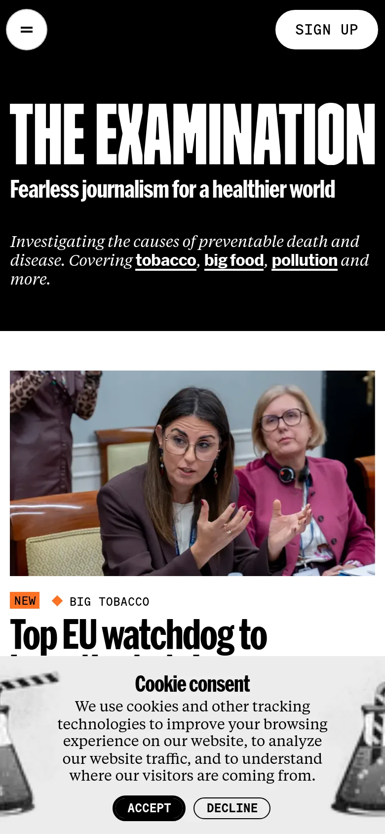 The mobile version presents a vertically stacked layout with the large 'THE EXAMINATION' branding at the top. The hero text and tagline are centered, followed by a single-column feed of news articles with full-width images and headlines. A cookie consent overlay covers the bottom portion of the screen.