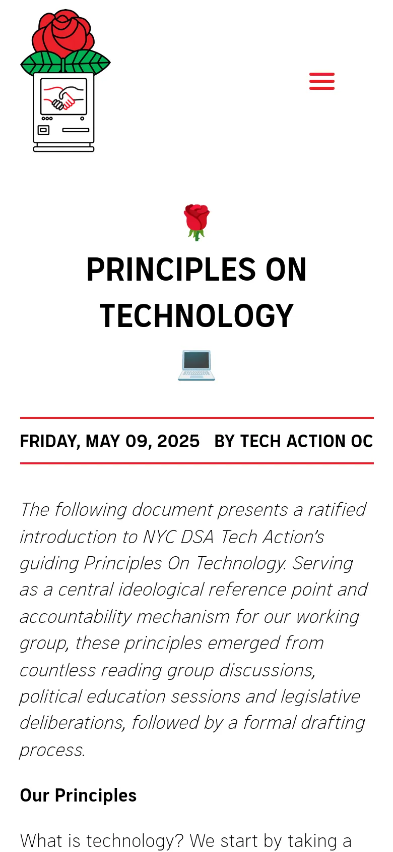 The mobile version simplifies the layout into a single column with a centered design. The top navigation is condensed into a red hamburger menu icon next to the rose and monitor logo. The headline 'PRINCIPLES ON TECHNOLOGY' remains large and centered, followed by the article's date, author, and introductory text.